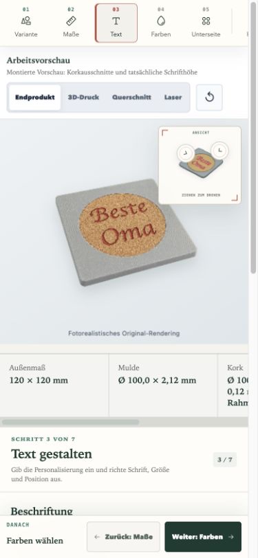 Mobile Ansicht des 3D-Designers mit dem Untersetzer Beste Oma und der dreidimensionalen Produktvorschau.