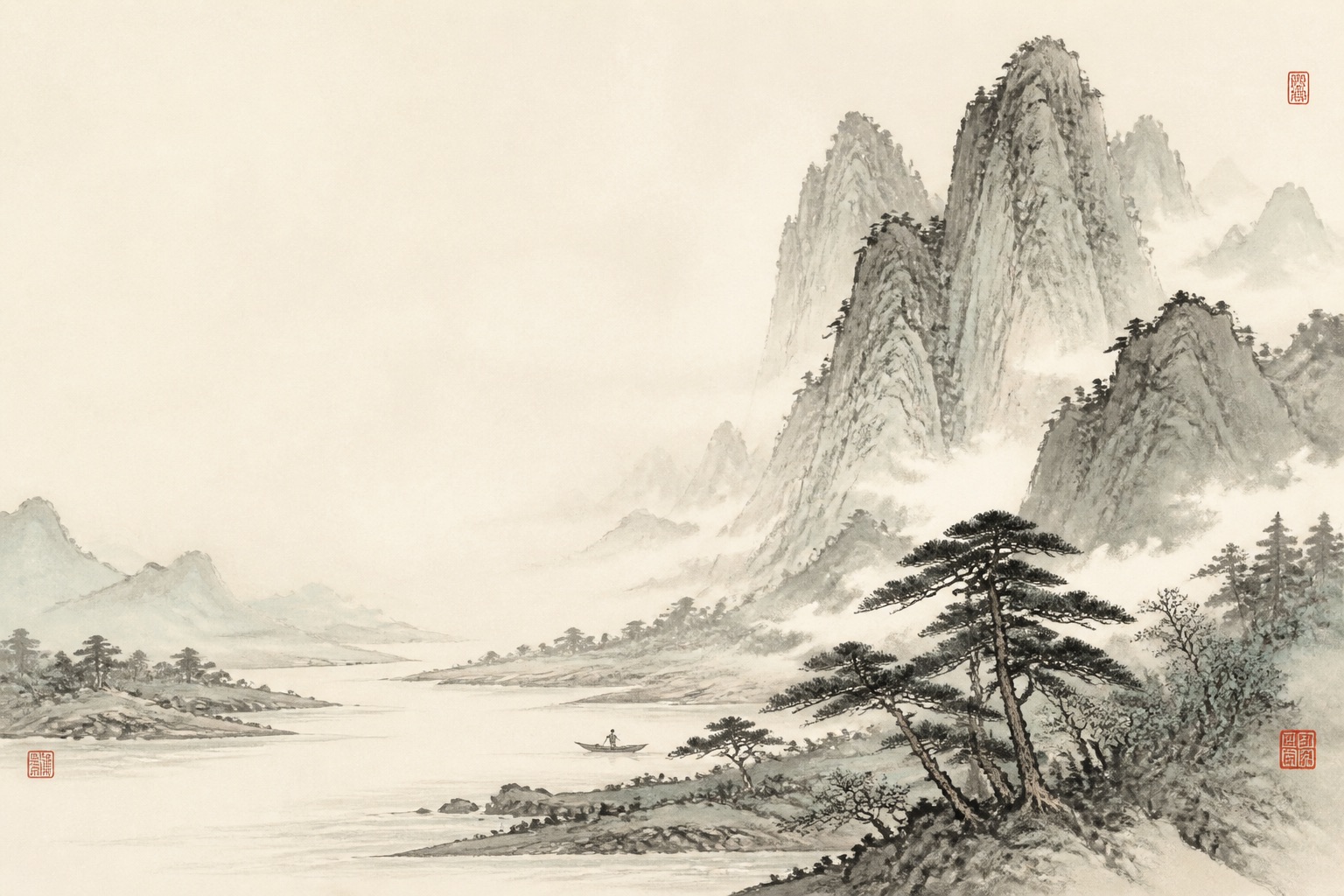 Chinesische Tuschelandschaft mit Bergen, Kiefern und einem stillen See – ein Motiv aus der Eastpath Heritage-Designwelt.