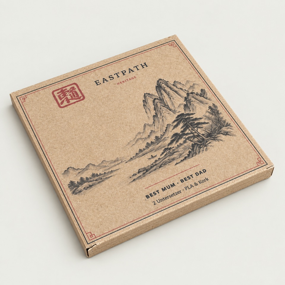 Produktvisualisierung der flachen Eastpath-Heritage-Verpackung aus Kraftpapier mit Tuschelandschaft und rotem Siegel, auf Basis unseres Verpackungsfotos.